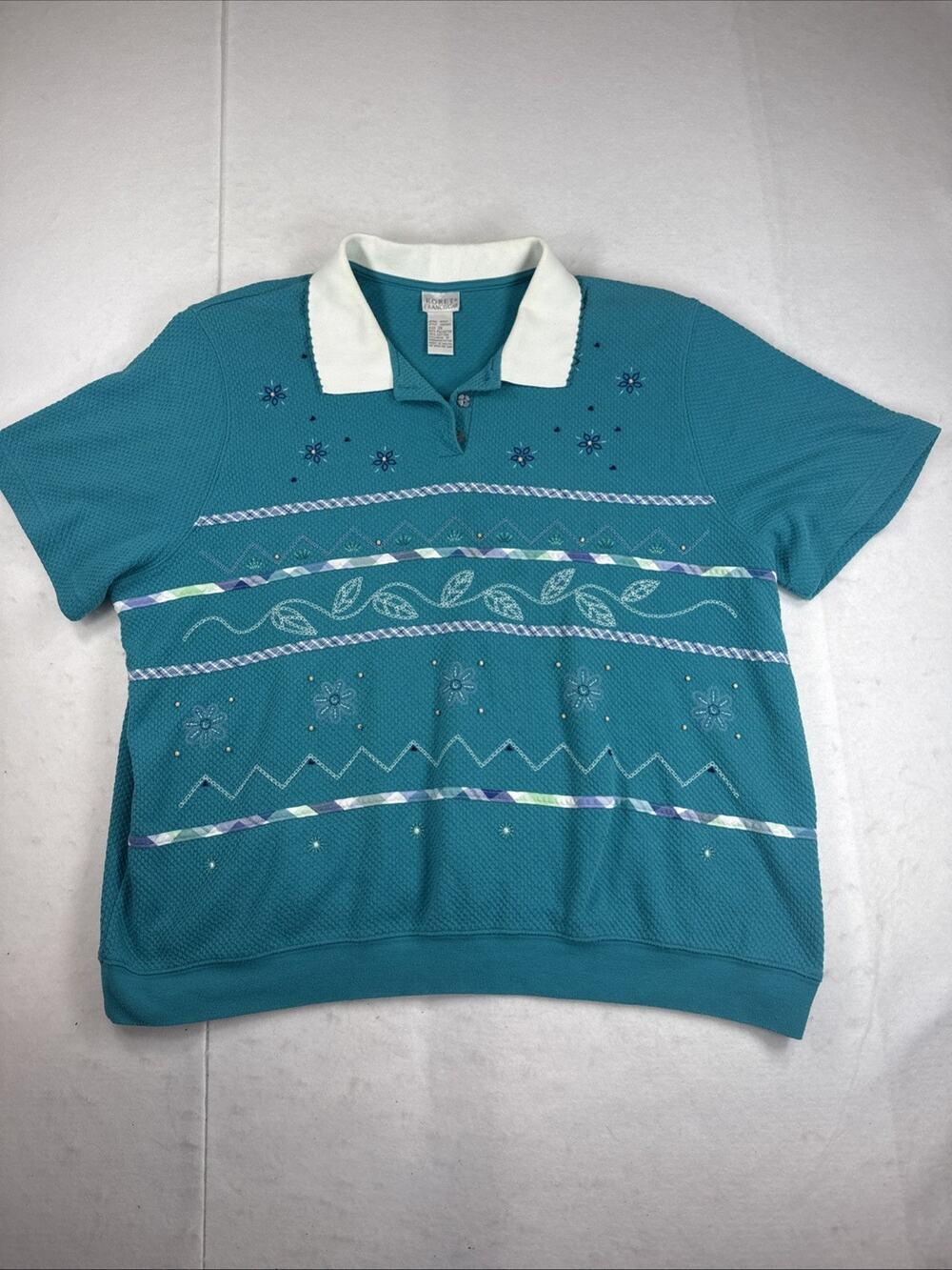 Vintage 80s Koret Francisca Womens 3X Polo Shirt Embroidered Beaded Grannycore
